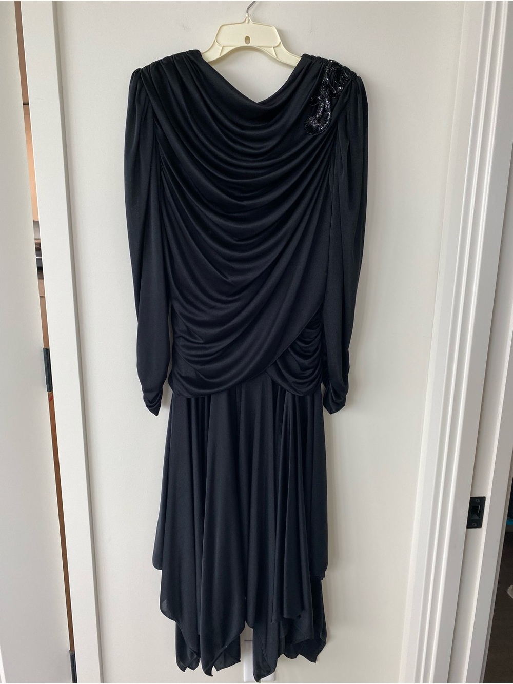 Vintage Filigree Black Draped Midi Dress with Sequin Shoulder. Size 12